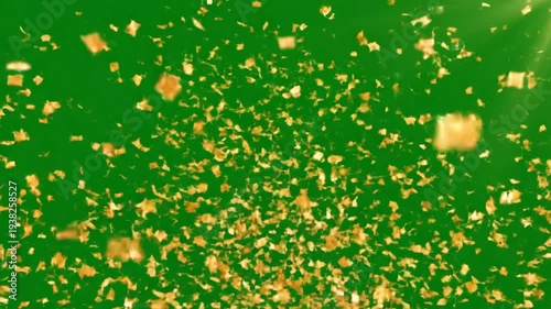 Abstract video featuring gold confetti against a vibrant green background, ideal for celebrations
