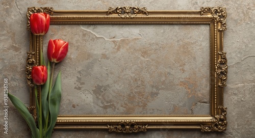Antique gold ornamental frame with red tulip design on textured stone background and blank copy space