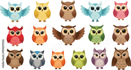 Cute Owl Cartoon Collection with Colorful Owls in Different Poses Forest Bird Vector Illustration Set