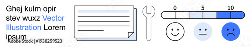Customer feedback, service evaluation, performance metrics, user satisfaction, business analysis, review management. A document, wrench rating scale and emotion-based expressions. Feedback analysis