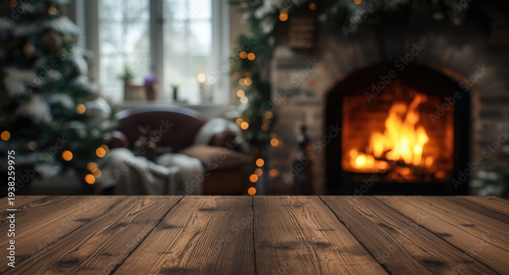 Fototapeta premium Editorial header background with softly blurred fireplace and winter rustic table
