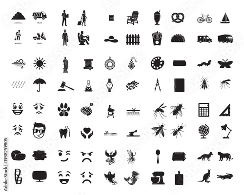 A collection of various black silhouettes on a white background