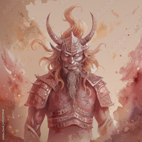 Fantasy illustration of a muscular horned warrior with long hair