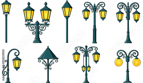Vintage Street Lamp Collection with Decorative Lantern Light Poles Urban Outdoor Lighting Vector Illustration Set