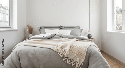 Brightly illuminated bedroom interior with cozy bed featuring grey duvet and layered white beige blankets