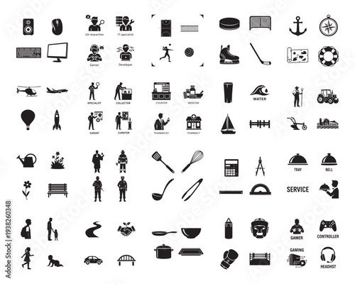 A collection of various black silhouettes icons on a white background silhouette