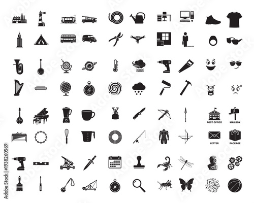 A collection of various objects and tools in silhouette mode