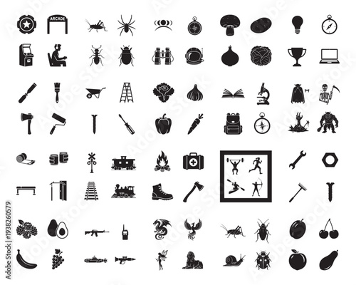 A collection of various icons in silhouette mode on a white background