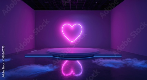 Empty futuristic stage scene with glowing neon heart and cloud reflections in dim room
