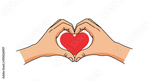 Hands forming a heart shape around a red heart symbol, illustration of love and care