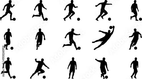 Fifteen black silhouettes of people with soccer balls