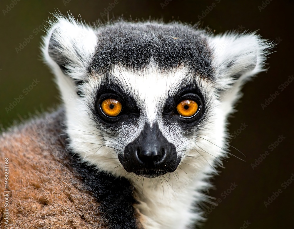 Obraz premium Ring-tailed lemur portrait, close-up on face, showcasing amber eyes and patterned fur