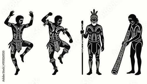 Indigenous Australian Dancers and Yidaki Musician Silhouettes