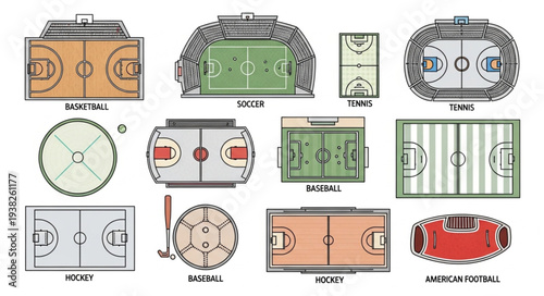 Collection of Various Sports Fields and Courts Top View.
