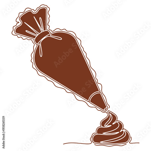 Chocolate Cream Decoration with Piping Bag Illustration for Dessert Making and Confectionery Artistry Detailed Vector Outline