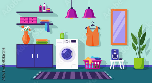 Vector illustration of a modern laundry room with washing machine, clothing basket, and shelves for organization
