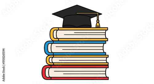 A stack of books topped with a graduation cap, symbolizing education and learning, viewed from the front.