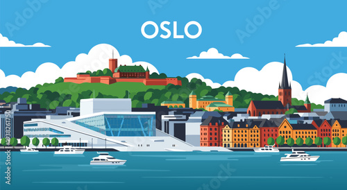 Oslo city skyline panorama vector illustration - A modern illustration of the Norwegian capital's iconic waterfront and historic fortress, perfect for travel and city branding