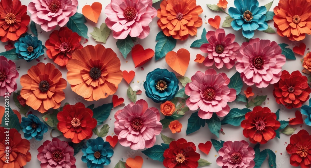 Obraz premium Crafted colorful paper flowers and hearts creating a festive continuous design