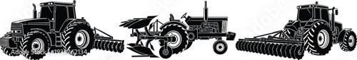 Agricultural tractors with plow and disc harrow farming machinery black vector illustration isolated farm equipment collection