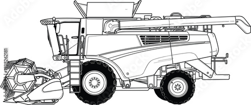 Combine harvester agricultural machine detailed line drawing farming equipment harvesting crops vector illustration isolated on white background