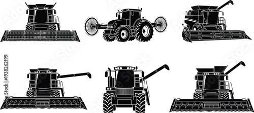 Combine harvester silhouettes collection agricultural machinery harvesting crops farming equipment black vector illustration isolated set
