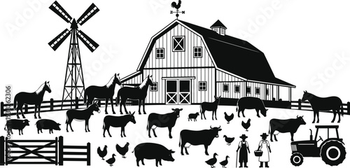 Farm animals and rural barn scene with windmill tractor livestock silhouettes agriculture black vector illustration isolated collection