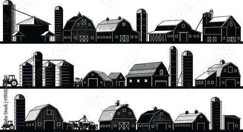 Farm buildings silhouettes panorama with barns silos grain storage and rural agriculture landscape black vector illustration isolated set