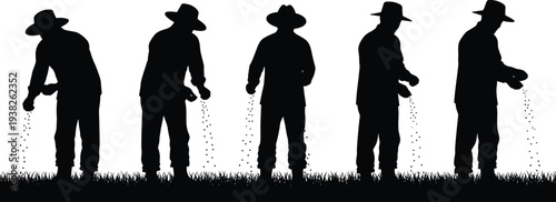 Farmer sowing seeds silhouettes in field agriculture planting activity rural farming black vector illustration isolated collection