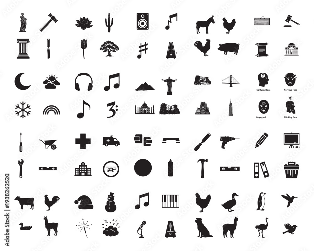 Fototapeta premium A collection of various black silhouettes of objects and animals on a white background silhouette