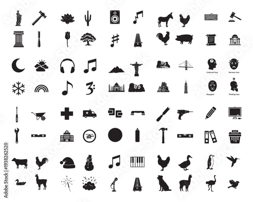 A collection of various black silhouettes of objects and animals on a white background silhouette