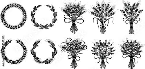 Wheat wreaths and grain sheaf bundles decorative agriculture harvest symbols black vector illustration isolated vintage farming design set
