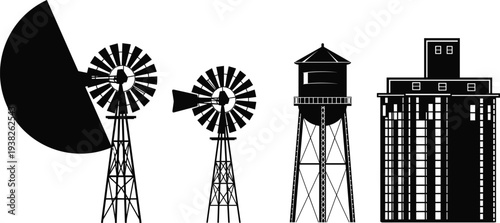 Windmill water tower and grain elevator silhouettes rural farm structures black vector illustration isolated agriculture architecture set