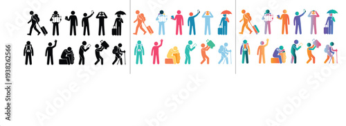 Diverse traveler silhouette icons with colorful gradients and black styles for holiday and tourism web design