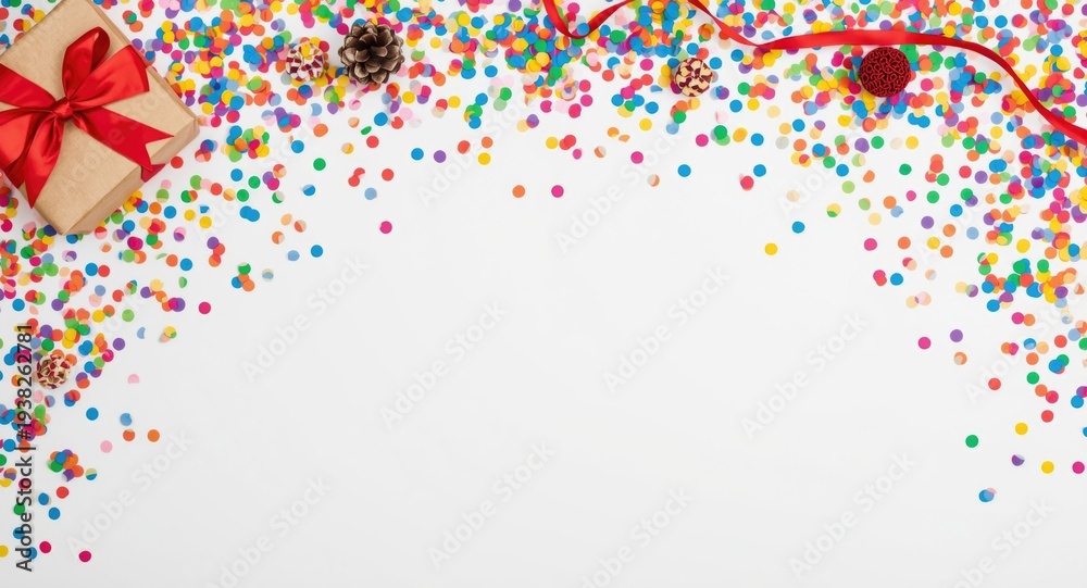 Obraz premium Colorful confetti and holiday decor surrounding a gift box on white table top down angle with clean copy space