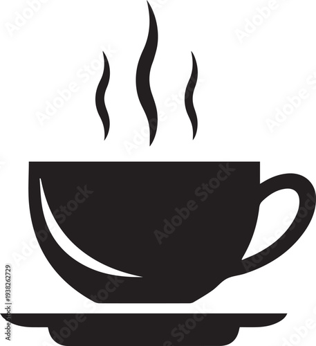 Black silhouette of a steaming cup of coffee on a saucer