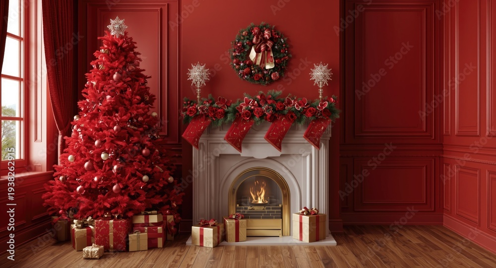 Fototapeta premium Decorated red Christmas tree with gift packages in elegant New Year living space