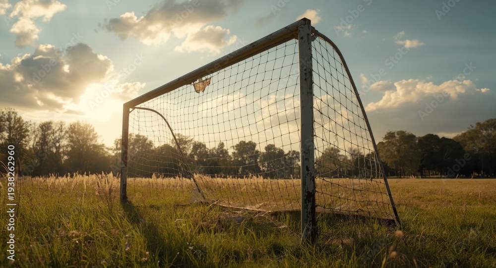Naklejka premium Aged soccer goalposts featuring patched nets in a park meadow for local team games
