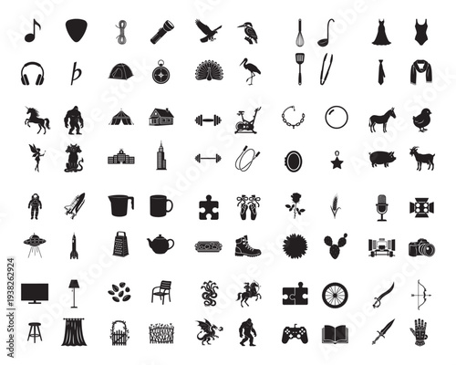 A collection of various black silhouettes of objects and symbols on a white background silhouette