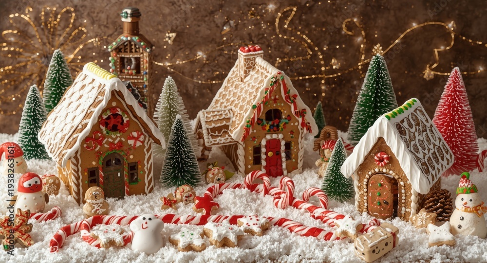 Obraz premium Cozy Christmas candy village with gingerbread cottages and holiday sweets