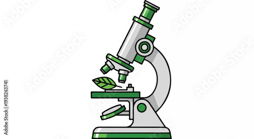 Microscope examining green leaves on a laboratory bench from a side view