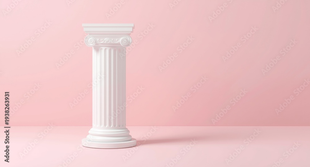 Fototapeta premium Beauty product display featuring white roman pillar against a pale pink backdrop in minimalist style