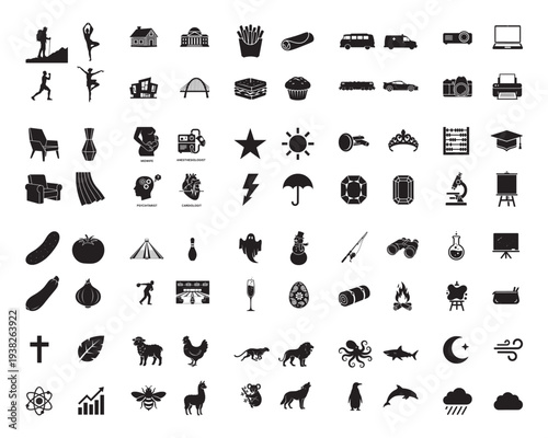 A collection of various black silhouettes of objects and symbols on a white background silhouette