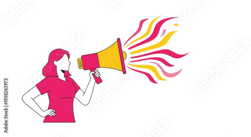A woman enthusiastically shouting through a megaphone, conveying a message or announcement, in a bold and vibrant illustration style
