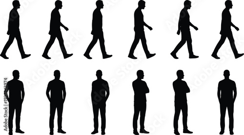 Black silhouette set of man walking and standing in various poses isolated on white background for architectural visualization and vector design