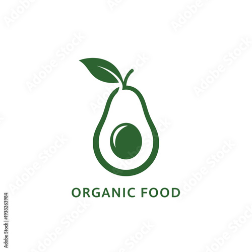 Organic food avocado logo with dark green leaf healthy eating natural ingredients concept