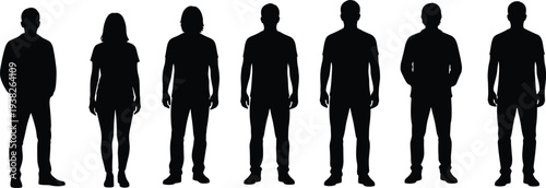 Black men and women standing silhouettes set, diverse people group poses icons, adult human figures bundle, casual people vector graphics