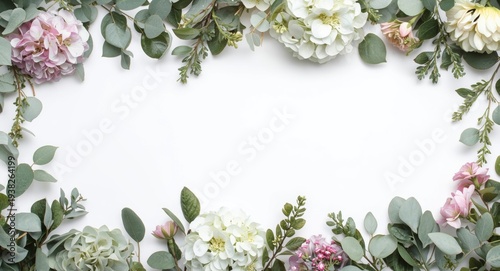 Birds eye floral display featuring hydrangea and eucalyptus on white background with text area