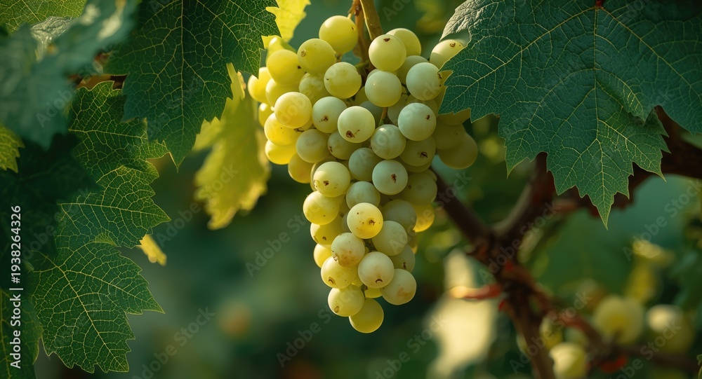 Obraz premium White grapes ripe for harvest on vine framed by deep green grapevine leaves