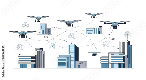 Drones flying over city buildings connected.